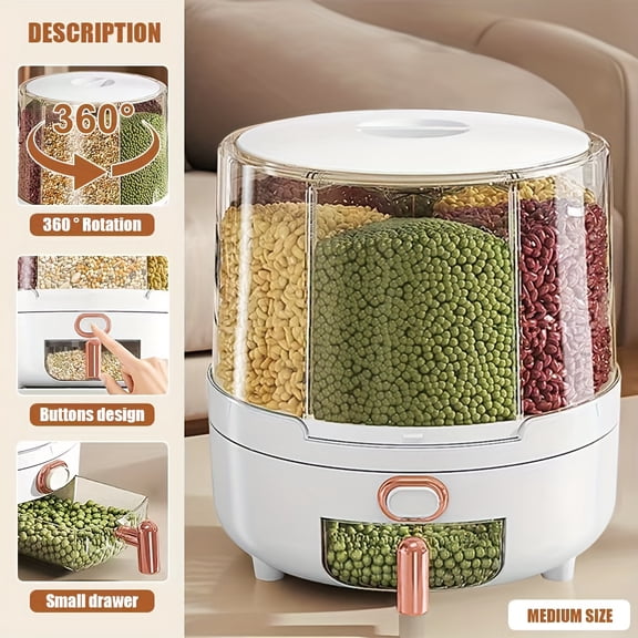 360° Rotating 6-Grid Large Capacity Dry Food Dispenser, Multifunctional Cereal Rice Bean Coffee Storage Container, Moisture-Proof for Kitchen & Cafe