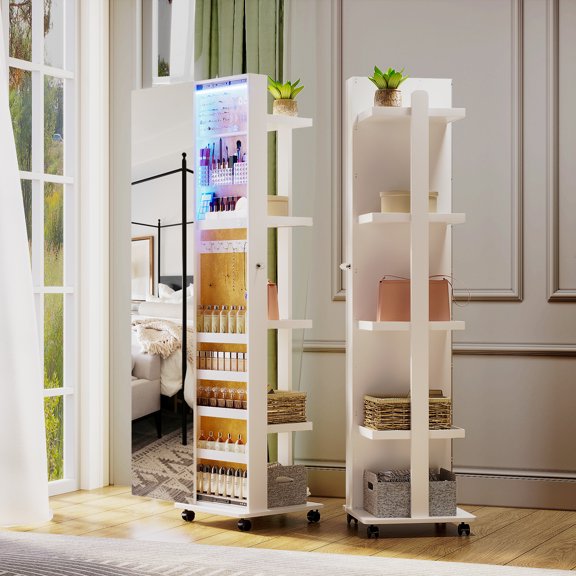 360° Rotating 63'' LED Jewelry Armoire,Full Length Mirror Large Capacity Floor Standing 3 Color Dimmable Jewelry Organizer Armoire