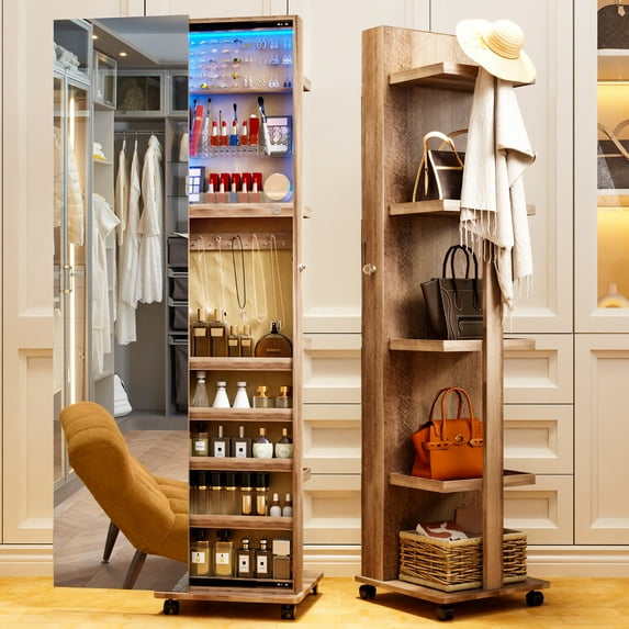 360° Rotating 63'' LED Jewelry Armoire,Full Length Mirror Large Capacity Floor Standing 3 Color Dimmable Jewelry Organizer Armoire