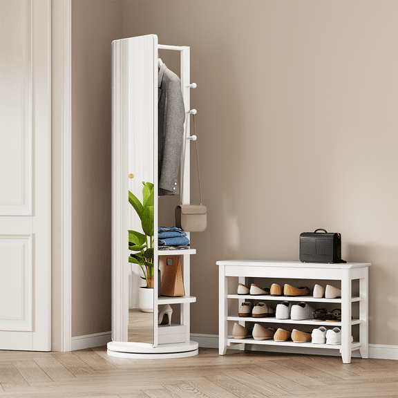 360 Rotating 66"x14" Multifunctional Full Length Mirror with Hook Storage Rack Coat Rack with Mirror Solid Wood Floor Mirror Bedroom Living Room Cloakroom Space Saving (wh