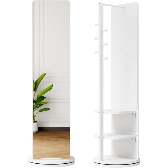 360° Rotating 66"x14" Multifunctional Full Length Mirror with Hook Storage Rack Coat Rack with Mirror Solid Wood Floor Mirror Bedroom Living Room Cloakroom Space Saving (White)