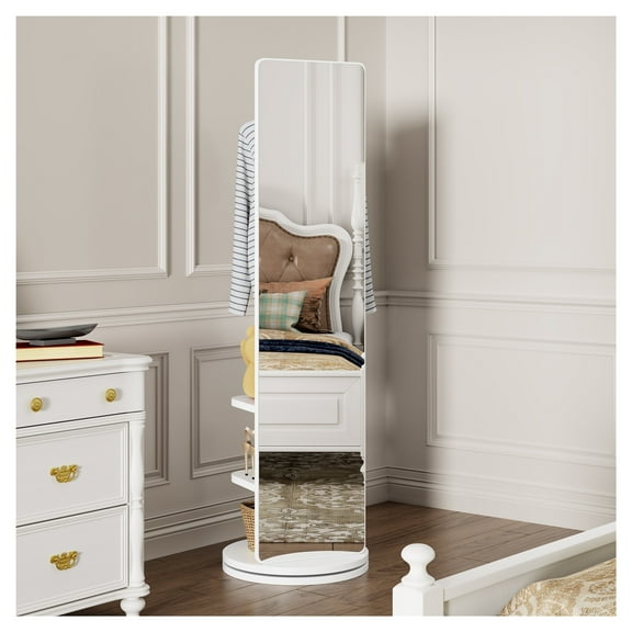 360 Rotating 69"x16" Multifunctional Full Length Mirror with Hook Storage Rack Coat Rack with Mirror Solid Wood Floor Mirror Bedroom Living Room Cloakroom Space Saving (white)