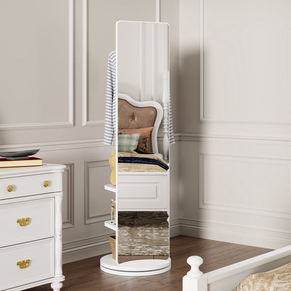 360° Rotating 69"x20" Multifunctional Full Length Mirror with Hook Storage Rack Coat Rack with Mirror Solid Wood Floor Mirror Bedroom Living Room Cloakroom Space Saving (white)