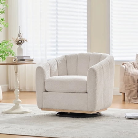 360° Rotating Accent Armchair with Tufted Back, Modern Chenille Upholstered Swivel Barrel Chair for Living Room, Office, and Lounge, White