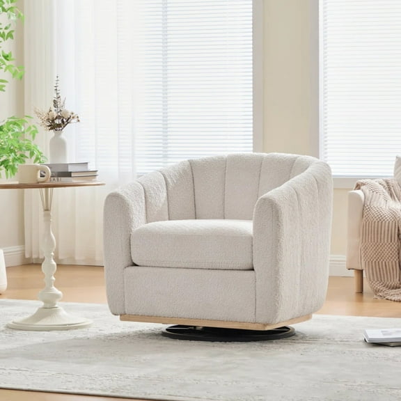 360° Rotating Accent Armchair with Tufted Back, Modern Chenille Upholstered Swivel Barrel Chair for Living Room, Office, and Lounge, White