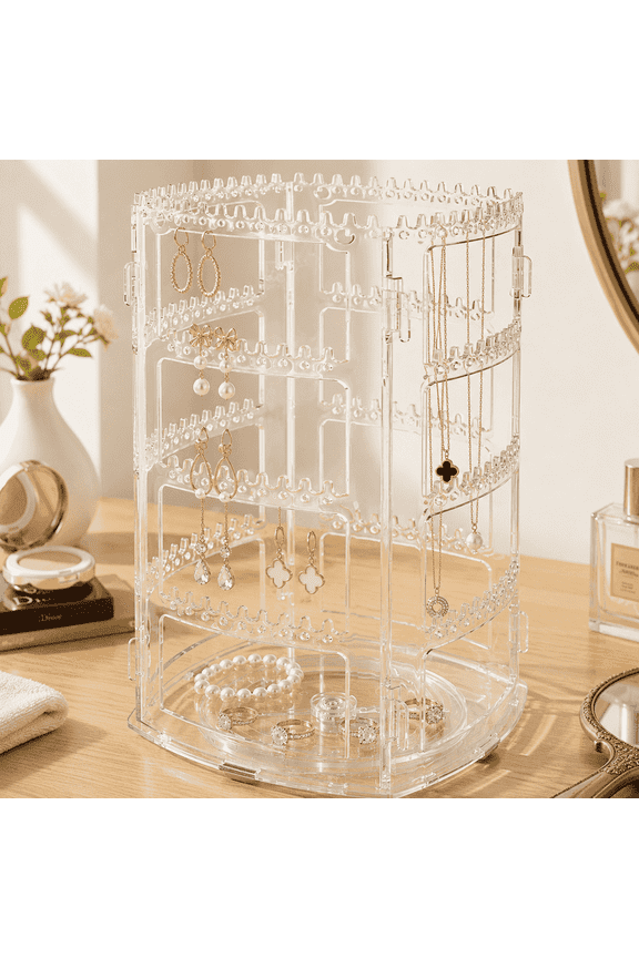 360 Rotating Jewelry Organizer, 4-Tier Clear Acrylic Earring Holder Stand with 156 Holes & 170 Slots, Jewelry Display Organizer for Earrings, Necklaces, Bracelets, Rings, Vanity Storage