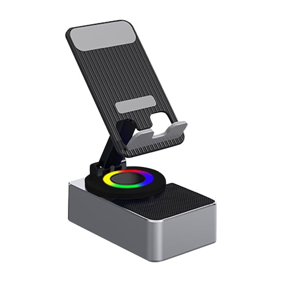 360 Rotating Adjustable Phone Stand - 3-In-1 Design With Bluetooth Speaker, Gray Color, For Desk, Bed, Travel - Compatible With Most Smartphones
