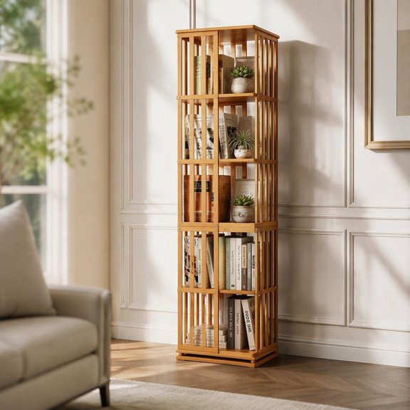 360 Rotating Bamboo Book Tower with 6 Tiers, Space-Saving Narrow Floor Shelf for Living Room, Bedroom, Home Office, Kids' Books and Collectibles, Brown
