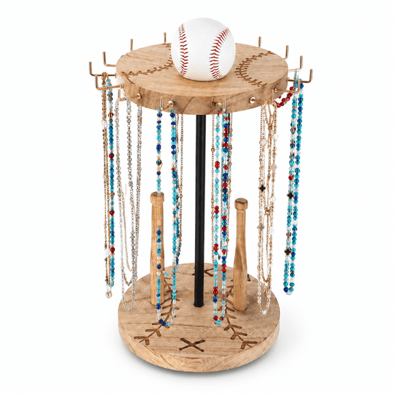 360 Rotating Baseball Jewelry Display Stand, Wood Tabletop Holder with Hooks for Necklaces Rings, Gift for Baseball Softball Players, Sports Memorabilia Organizer