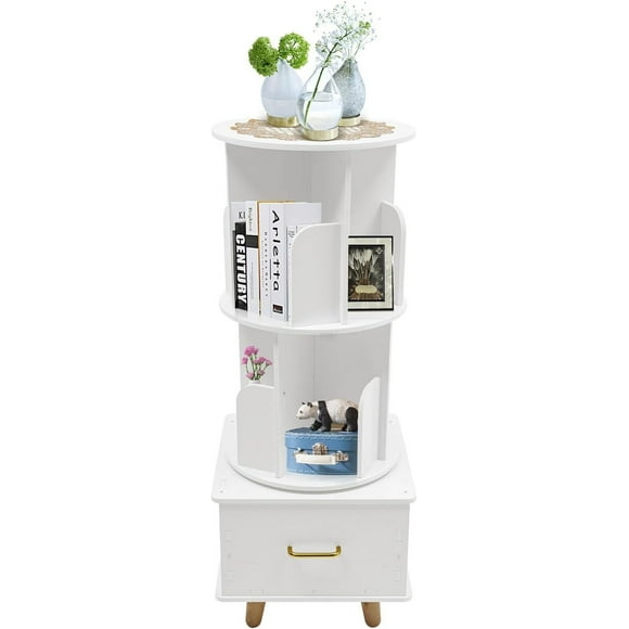 360 Rotating Bookshelf, 3 Tier Floor Standing Bookcase with Drawer, Multi-Functional Corner Storage Rack Bookshelf Organizer for Home Office Study Living Room (White)