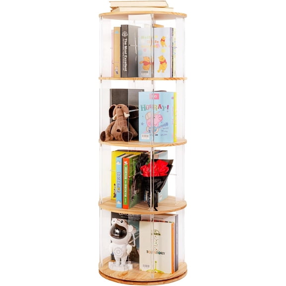 360? Rotating Bookshelf, 4-Tier Spinning Book Shelf Tower with Solid  & Clear , Round Revolving Bookcase for  Room,  and Office