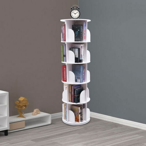 360° Rotating Bookshelf 5 Layers Bookcase Storage Shelf Display Rack White