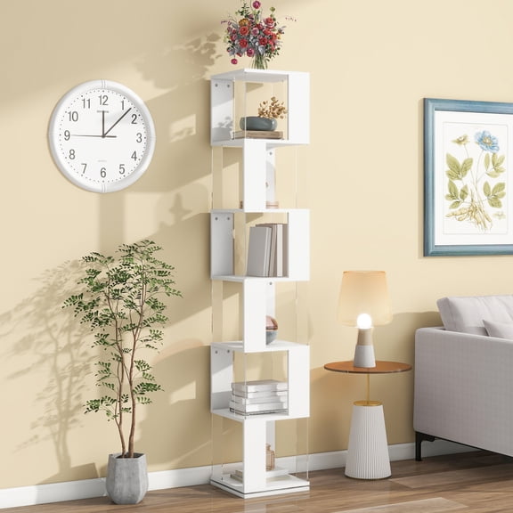 360° Rotating Bookshelf with Acrylic Plate, 5-Tier Tall, Floor Rack Simple Bookcase, Modern Display Shelf for Living Room/Home Office/ Bedroom