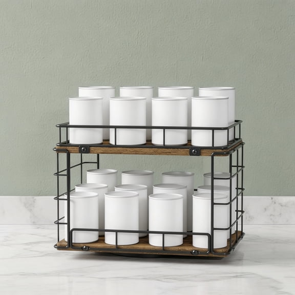 360 Rotating Can Rack Organizer, 2-Tier Lazy Susan Can Organizer Holds Up to 26 Soda Cans, Metal Wire & Wood Shelf with Turntable Storage for Kitchen Cabinet, Pantry & Countertop