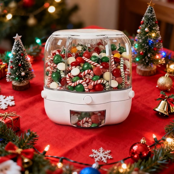 360° Rotating Candy Dispenser - 6 Compartments Large Capacity Sweet Box, Grain Storage Container, One Button Dispensing, for Home Holiday Party