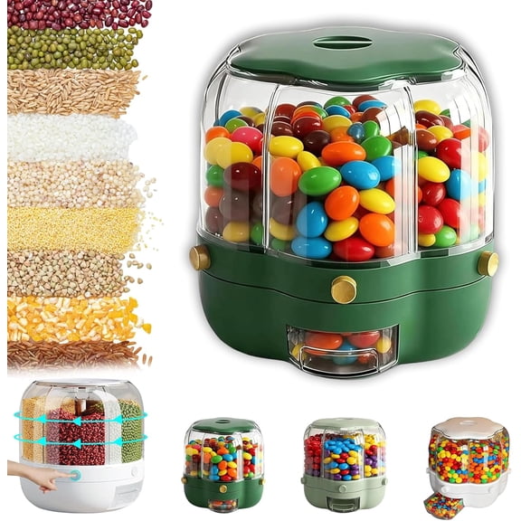 360° Rotating Candy Dispenser Countertop, 6-Grid Airtight Candy Machine Dispenser, Durable Plastic, Large Grain Storage Container Dispensers for Rice,Grains, Cereals,Mini Candies (M(10L),Dark Green)