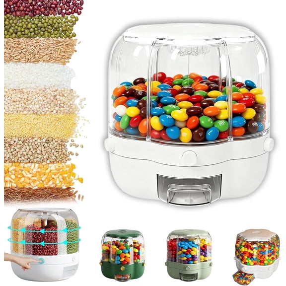 360° Rotating Candy Dispenser Countertop, 6-Grid Airtight Candy Machine Dispenser, Durable Plastic, Large Grain Storage Container Dispensers for Rice,Grains, Cereals,Mini Candies (M(10L),White)