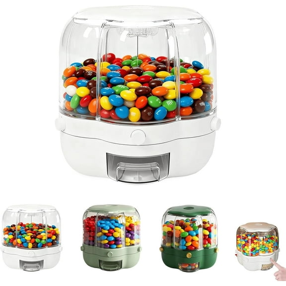 360° Rotating Candy Dispenser with 6 Compartments,10L Large Capacity Carousel Treat Box for Snacks, Nuts, Rice and Cereals