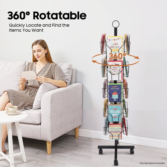 360 Rotating Card Display Stand, 5-Tier with 20 Pockets, Durable Steel, Mobile with Lockable Wheels Perfect for Shops, Offices & Events