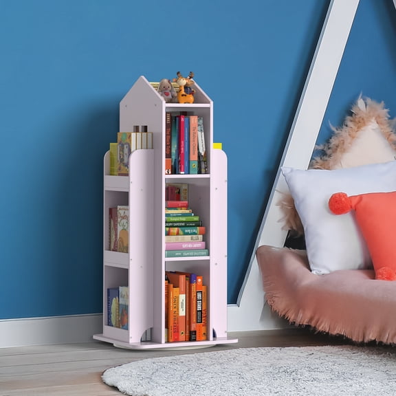 360 Rotating Castle Bookshelf, Light Pink Bookcase, FloorStanding Storage Rack for Nursery, Playroom