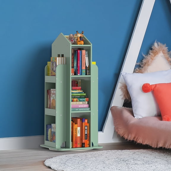 360 Rotating Castle Bookshelf, Olive Green Bookcase, FloorStanding Storage Rack for Nursery, Playroom