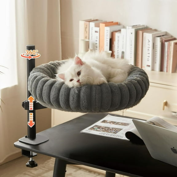 360° Rotating Cat Bed for Desk, Height Adjustable Cat Perch with Semi-Enclosed Design & Removable Cushion, No-Drill Clamp fits up to 1.18" Desk, Supports 44lbs for Office, Gaming Table