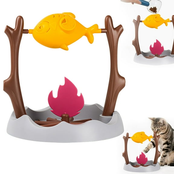 360° Rotating Cat Feeder Toy, Interactive Puzzle Treat Dispenser with 3 Difficulty Levels, Slow Feeder Leaky Toy for Mental Stimulation, Grilled Chicken Design, Yellow