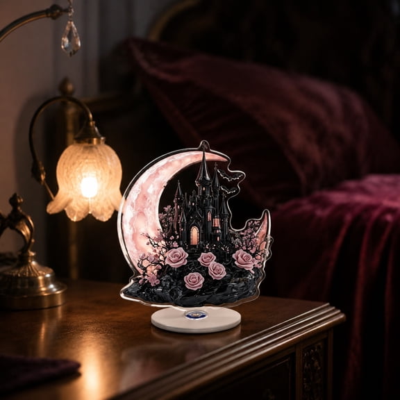 360 Rotating Clear Halloween Gothic Castle Moon Candle Acrylic Stand Gothic Rose crystal letter Decor Themes Tabletop Display Waterproof and Scratch Indoor Festival Home Desk Decor for Horror Fans
