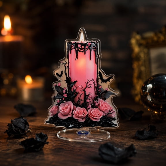 360 Rotating Clear Halloween Gothic Castle Moon Candle Acrylic Stand Gothic Rose crystal letter Decor Themes Tabletop Display Waterproof and Scratch Indoor Festival Home Desk Decor for Horror Fans