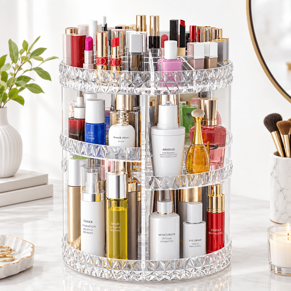 360 Rotating Clear Makeup Organizer, Large Capacity Adjustable Carousel Spinning Holder