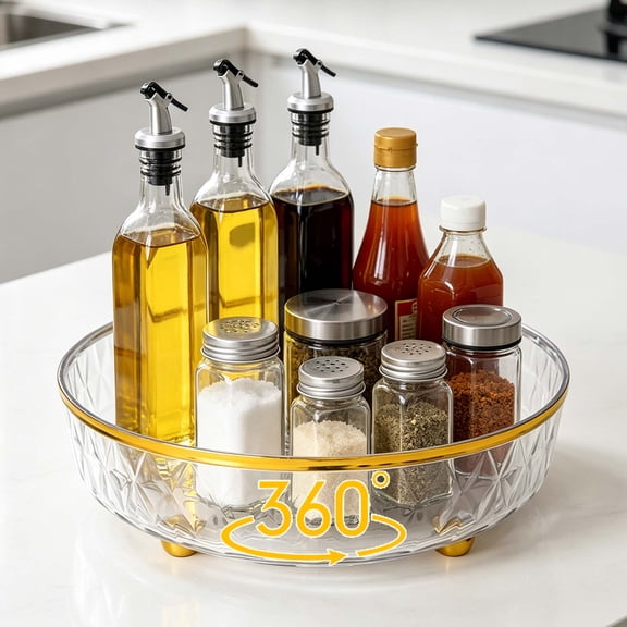 360 Rotating Clear Storage Tray, 10.6" Gold Rim Organizer for Kitchen & Vanity