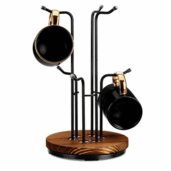 360° Rotating Coffee Mug Holder with 6 Hooks, Farmhouse Metal Cup Tree with Natural Wooden Base for Countertop, 13 inch Tall