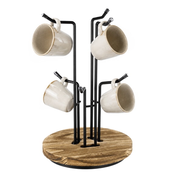 360 Rotating Coffee Mug Tree, 6-Hook Countertop Cup Holder with Wood Base, Double-Layer Revolving Coffee Cup Organizer