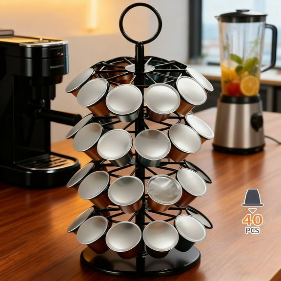 360 Rotating Coffee Pod Carousel, Coffee Pod Holder Compatible with Nespresso, Organizer Rack for 40 Coffee Capsules