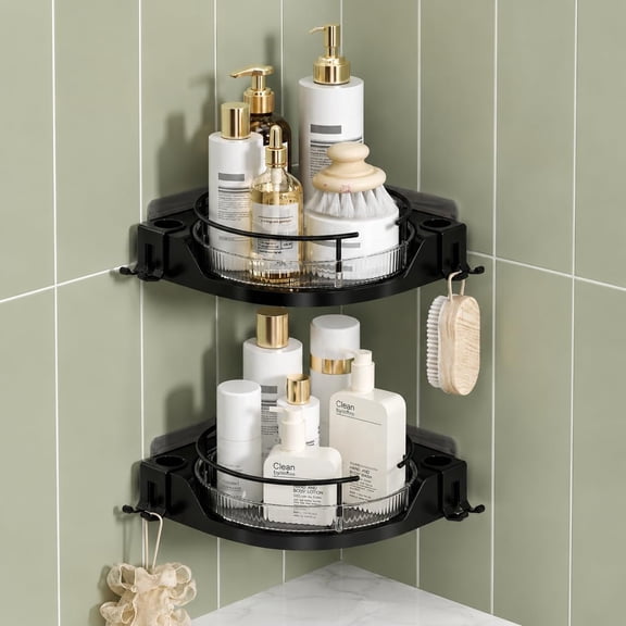 360? Rotating Corner Shower , 2-Tier Adhesive Shower Organizer Shelf with Removable Clear Trays, No-Drill Bathroom Storage Rack for Shampoo, Wash & Shower Essentials, Black