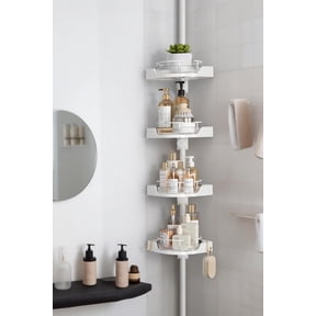 360 Rotating Corner Shower Caddy Tension Pole Organizer - 4-Tier Adjustable Rustproof Metal Pole, Plastic Shelves with Safety Guardrail, Bathroom Storage for Shower & Bathtub(White)