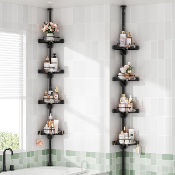 360 Rotating Corner Shower Caddy Tension Pole Organizer - 4-Tier Adjustable Rustproof Metal Pole, Plastic Shelves with Safety Guardrail, Bathroom Storage for Shower & Bathtub(Black)