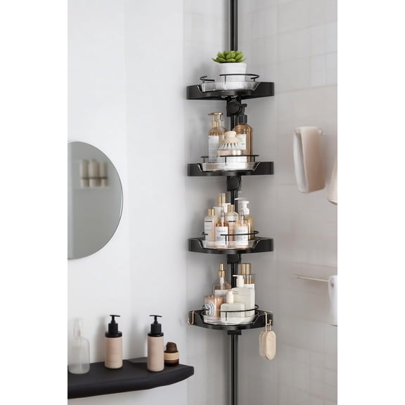 360 Rotating Corner Shower Caddy Tension Pole Organizer - 4-Tier Adjustable Rustproof Metal Pole, Plastic Shelves with Safety Guardrail, Bathroom Storage for Shower & Bathtub(Black)