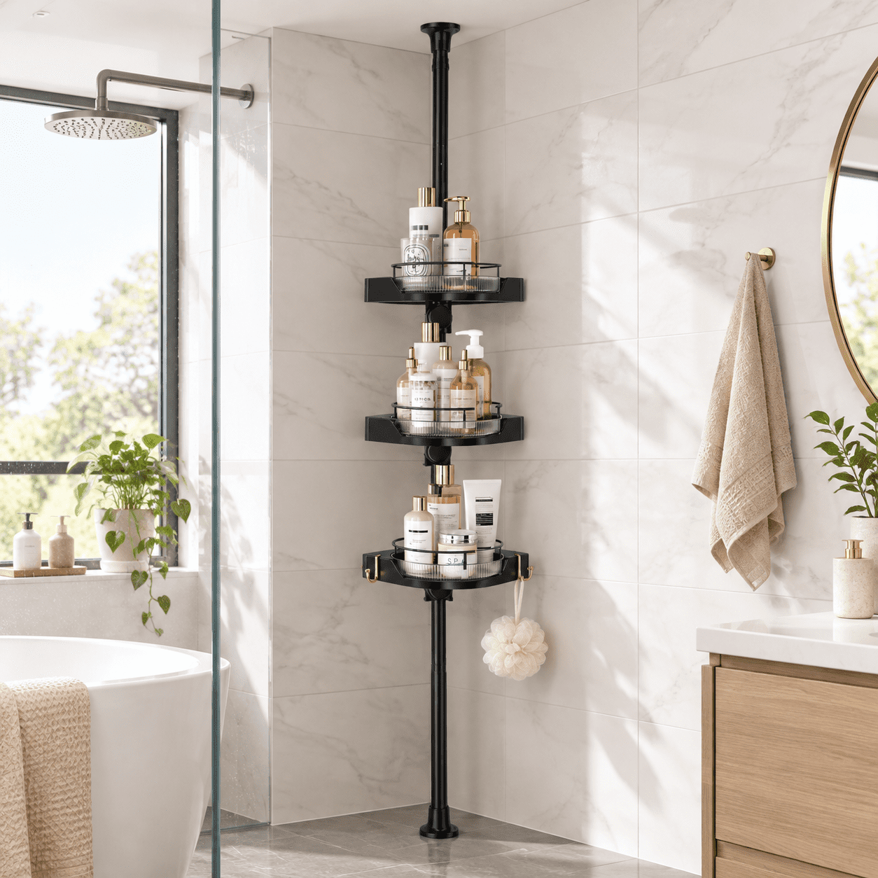 360° Rotating Corner Shower Tension Pole 3 Tiers Organizer For Bathroom ...