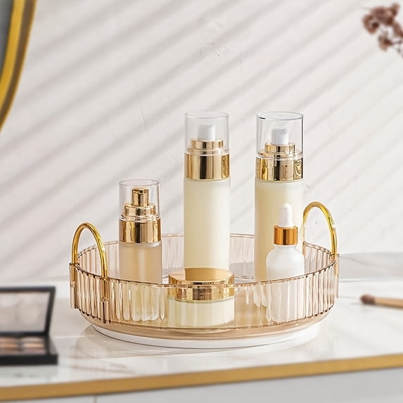 360° Rotating Cosmetic Storage Organizer, Multi-Functional for Brushes, Lipstick, Skin Care & Stationery, Durable Odorless Striped Desktop Box