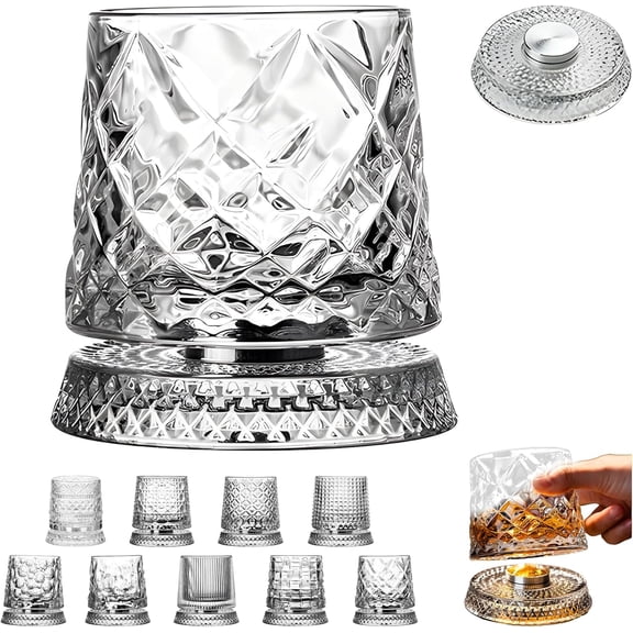 360° Rotating Crystal Whiskey Glass – 3.94 x 3.46 Inch Spinning Tumbler with Stress-Relief Design, Perfect Gift for Father’s Day, Birthdays & Whiskey Tasting Events