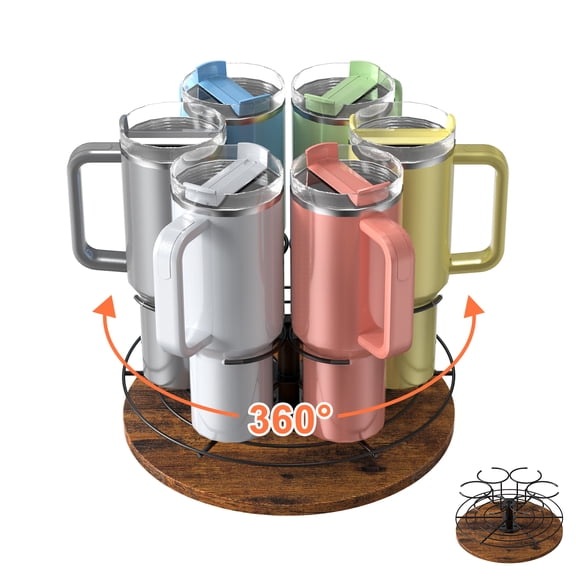 360° Rotating Cup Holder Organizer – Space-Saving Kitchen Counter Storage Rack with Handle Slots, Sturdy Carbon Steel & Wood Base
