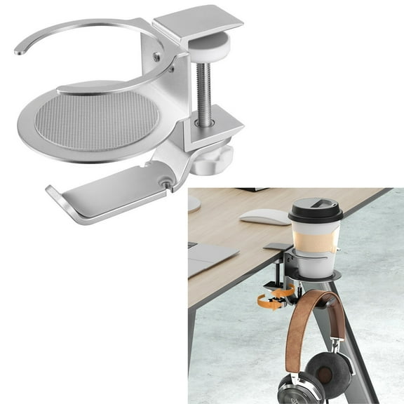 360° Rotating Desk Controller Headphone Holder, Adjustable Office Gaming Desk Accessories for Under Desk Headphone Stand Hanging Headset, Holding Coffee Mug, Drinks, Water Bottle,Silver by Fakrich