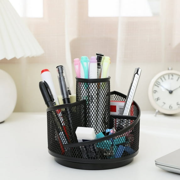 360° Rotating Desk Organizer Metal Mesh Caddy | 5 Compartments Pen Holder, Workspace Storage for Office Desktop Supplies, Black | Anti-Slip Base, Space-Saving, 1pc, 5.31x4.72in