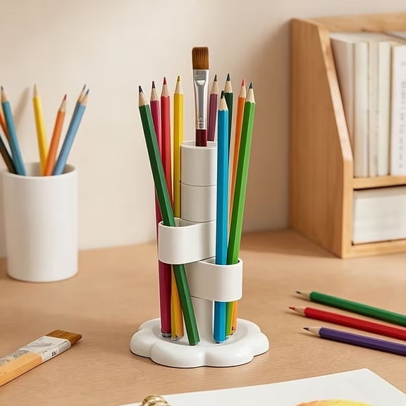 360 Rotating Desk Pen Holder 4-Slot White Stationery Organizer for Office, Home & Classroom Workspace