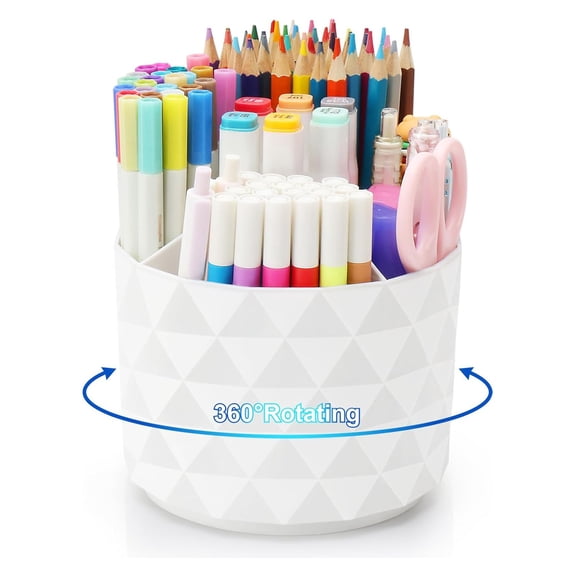 360° Rotating Desk Pen Holder, 5-Compartment Large Capacity Organizer for Office Supplies, Pencils, Markers and Tools (White)
