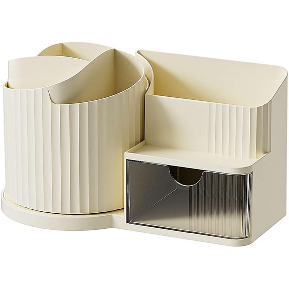 360 Rotating Desktop Organizer (White) Detachable 2-in-1 Plastic Storage Box, Transparent Drawer, Multi-Compartment for Office Stationery/Pencils/Makeup Brushes/Desk Accessories Z