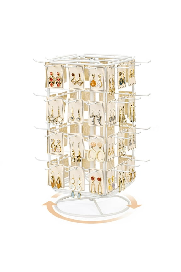 360 Rotating Earring Display Stands for Selling, 4 Tier Metal Earring Rack Holder Stand, 48 Hooks (White)