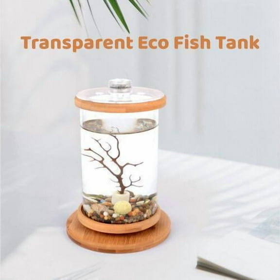 360 Rotating Eco Fish Tank with LED Light, Compact Glass Aquarium, Bamboo Base, for Home Decor and Stress Relief  0.3 Gal Capacity, Easy to Clean, Small Tabletop Aquarium