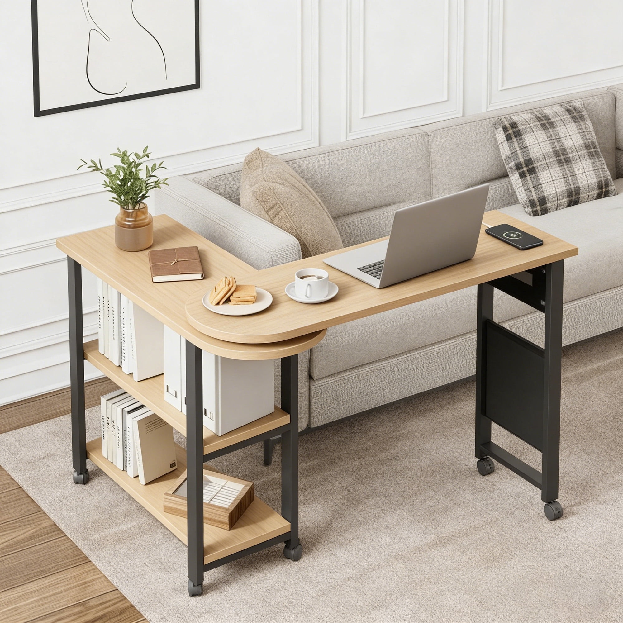 360° Rotating End Table with Charging Station 3-Tier Sofa Side Table ...